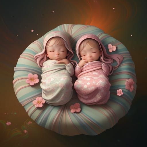 Surreal Twin Baby Girls Scene with Intricate Floral Backgrou...