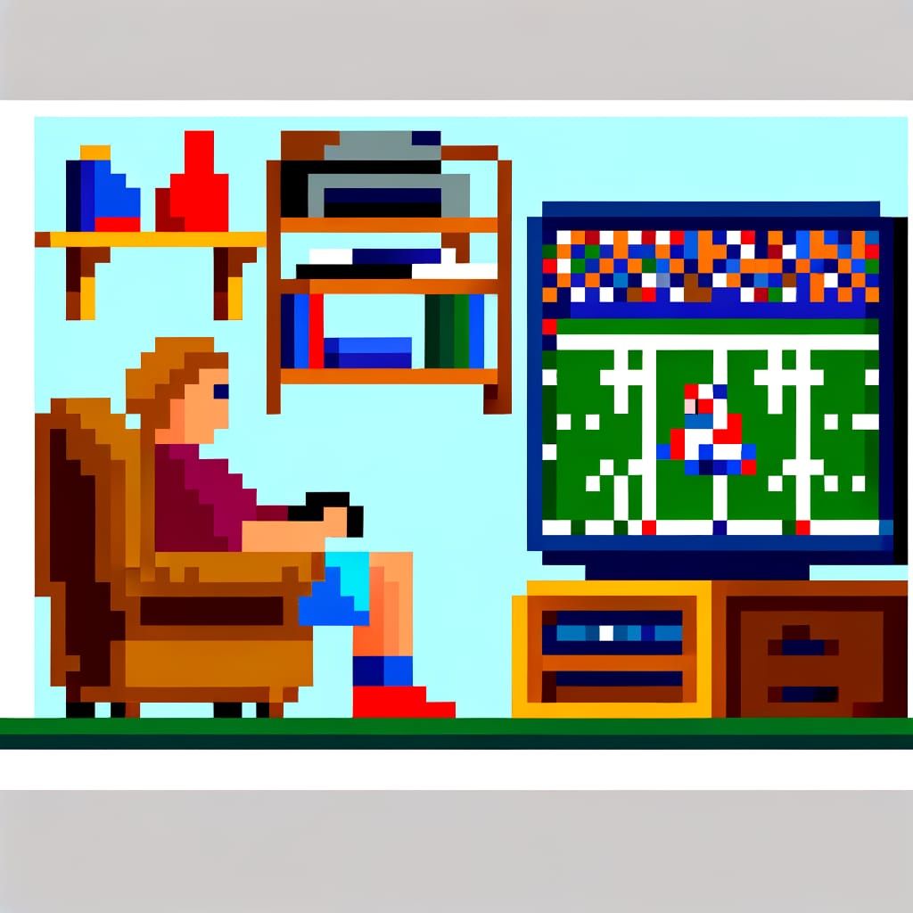 Retro Sports Enthusiast's TV Marathon in 8-bit Pixel Art