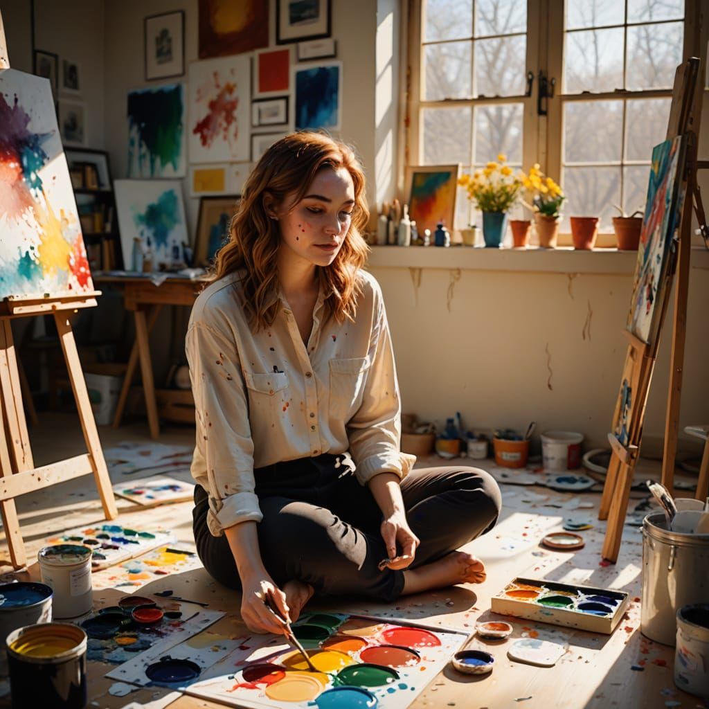 Artist Painting in Studio with Sunlight