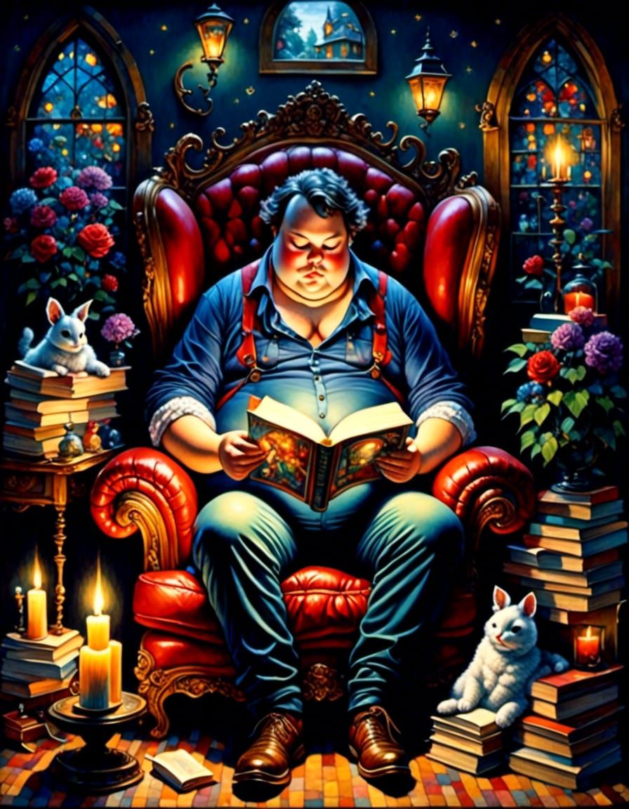Man Reading by Candlelight in Quirky Style