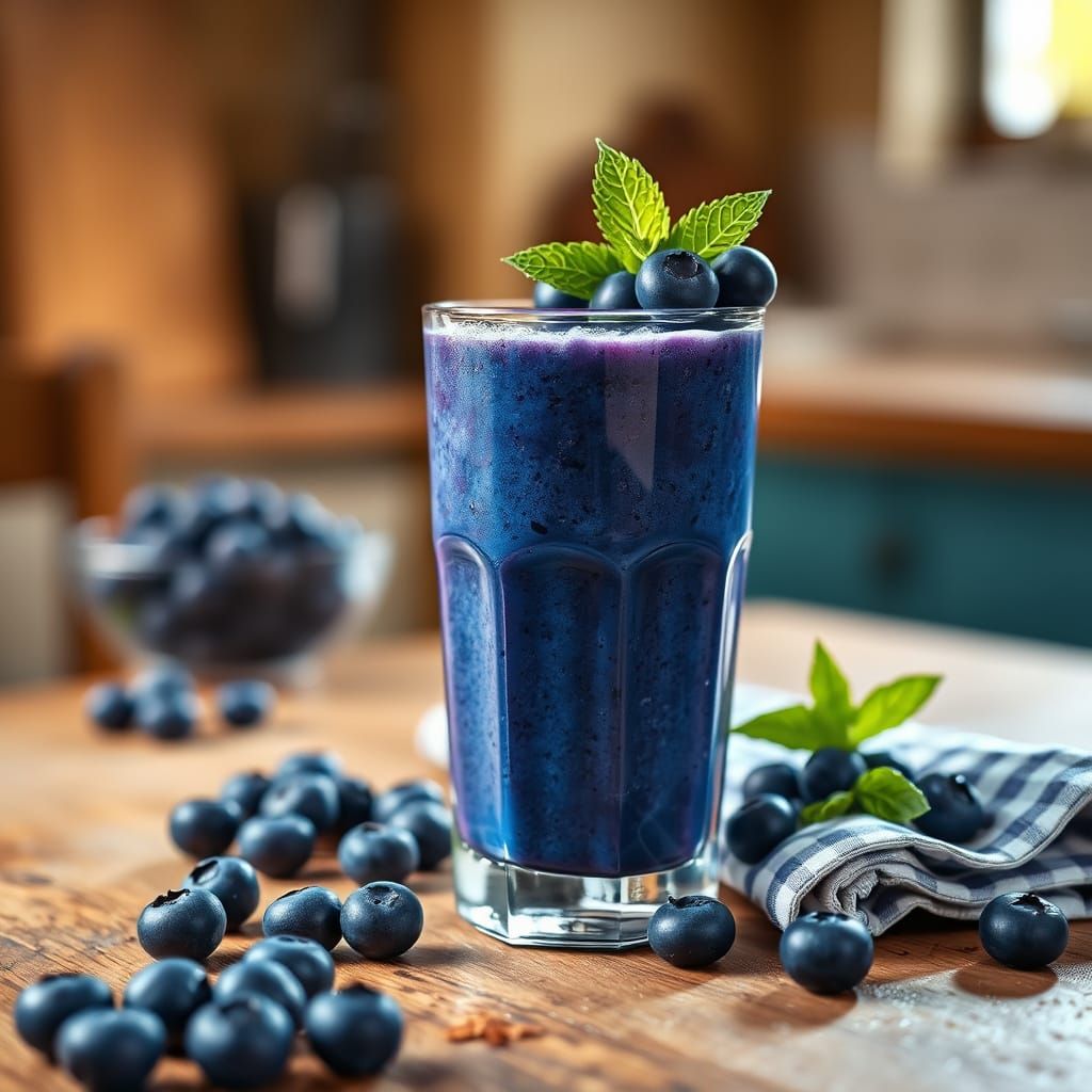 Cozy Blueberry Smoothie in a Warm Kitchen Setting