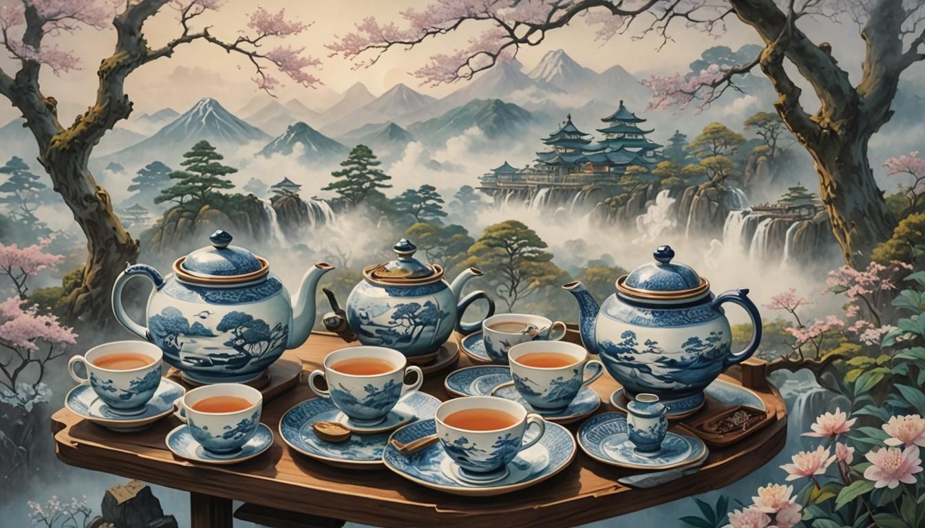 Japanese Woodblock Print of Tea Set, Hokusai Style