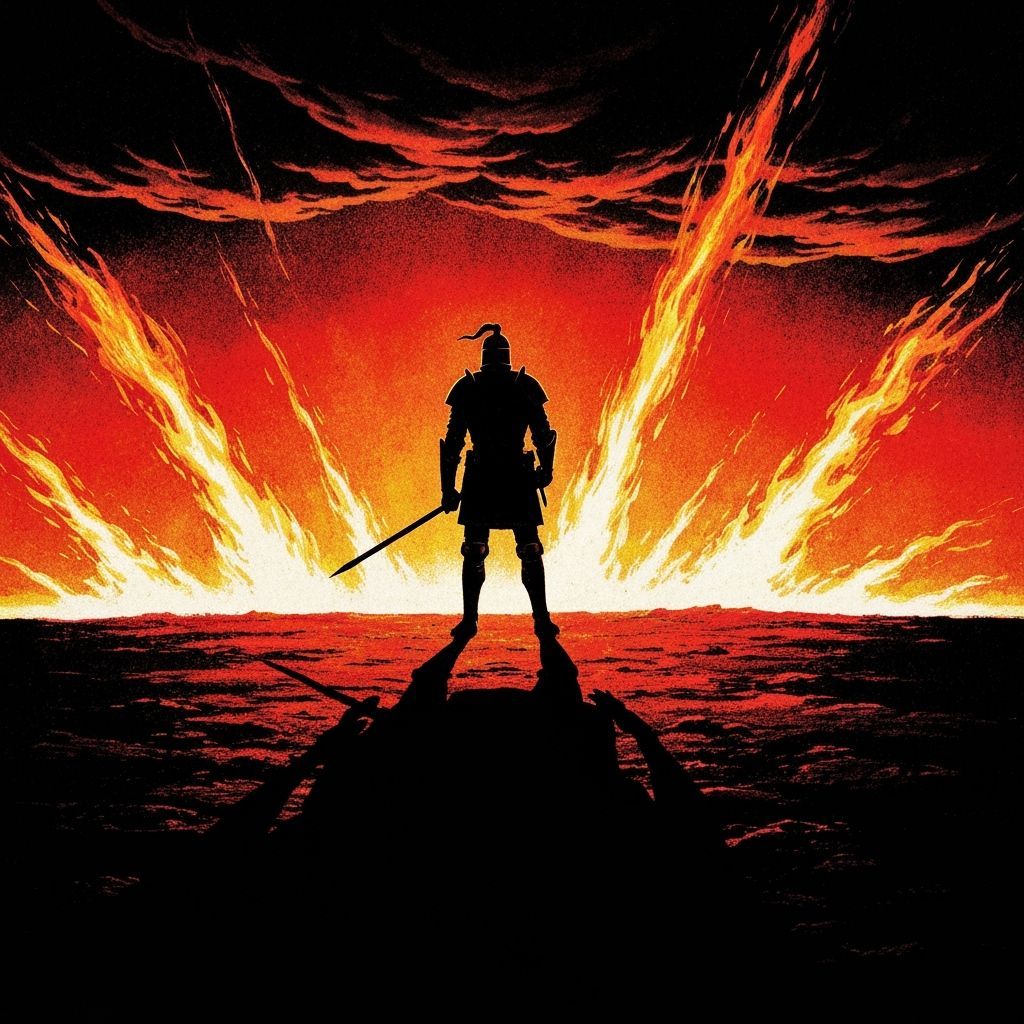 Knight Against Fiery Apocalyptic Sky in 70s Fantasy Style