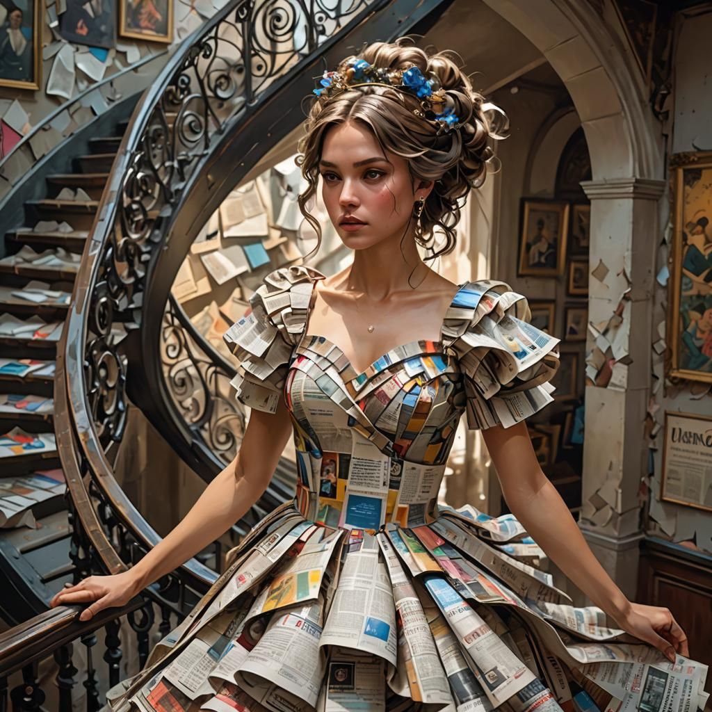 Woman in Newspaper Dress: Digital Art Portrait