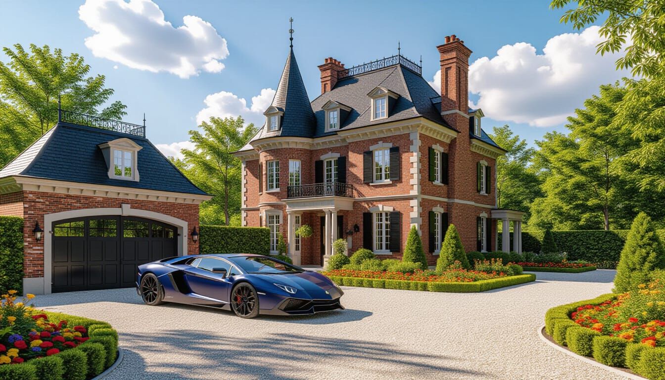 Victorian Chateau with Lamborghini in Summer Garden