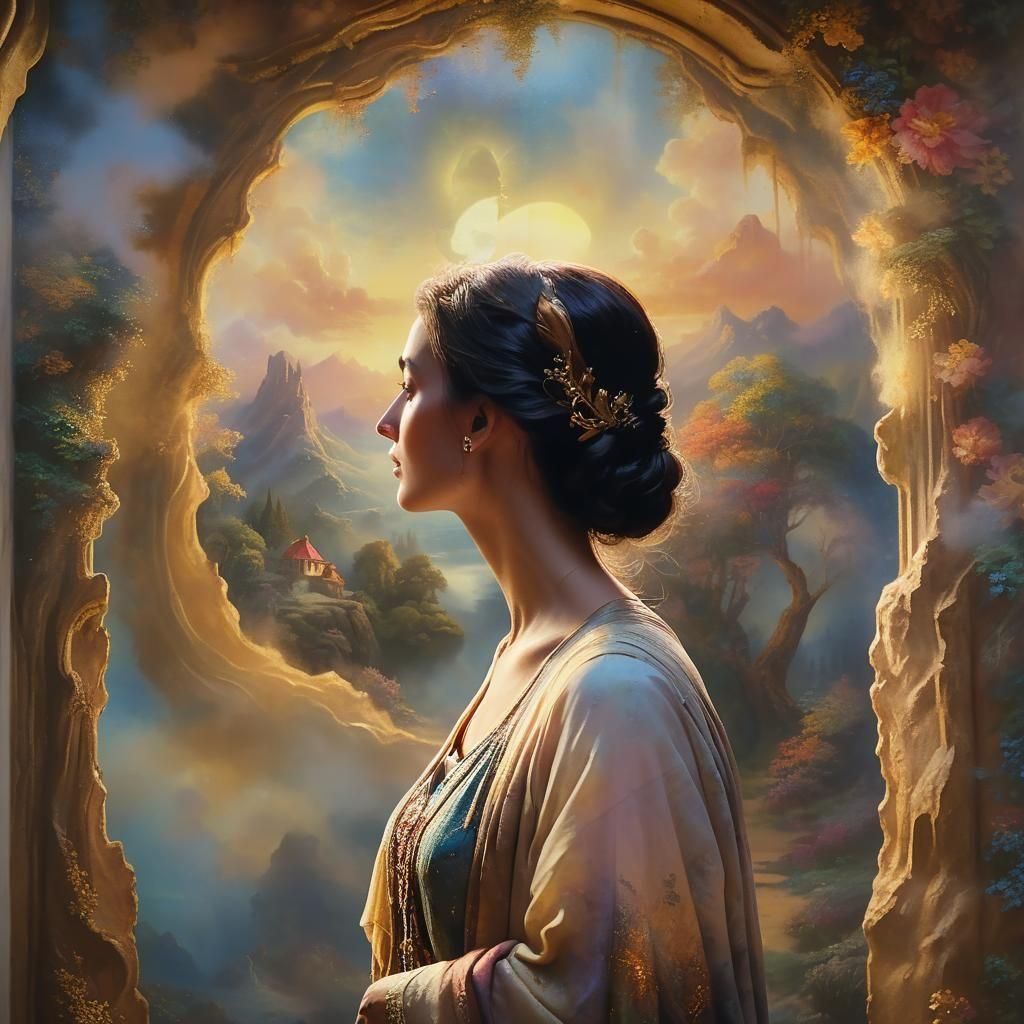 Woman Emerges from Mystical Painting into Reality