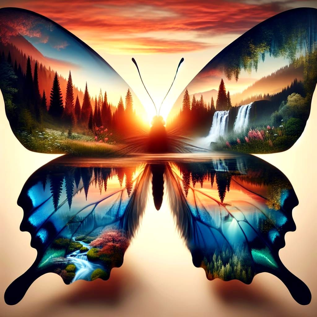 Surreal Sunset Butterfly in a Dreamlike Garden Scene