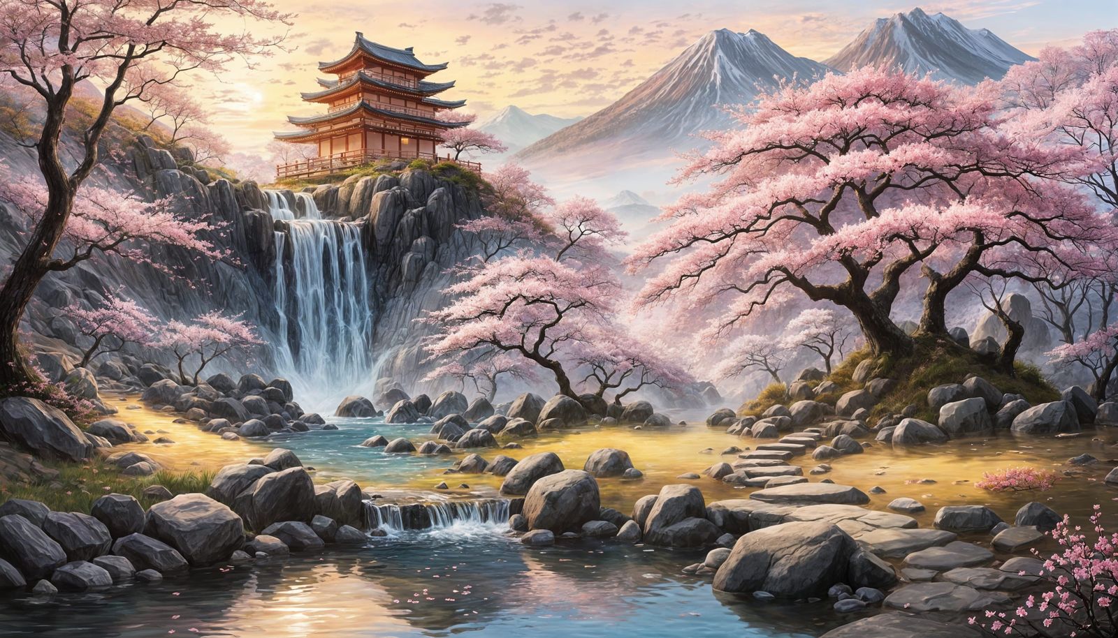 Japanese Hot Spring with Sakura Trees at Sunset