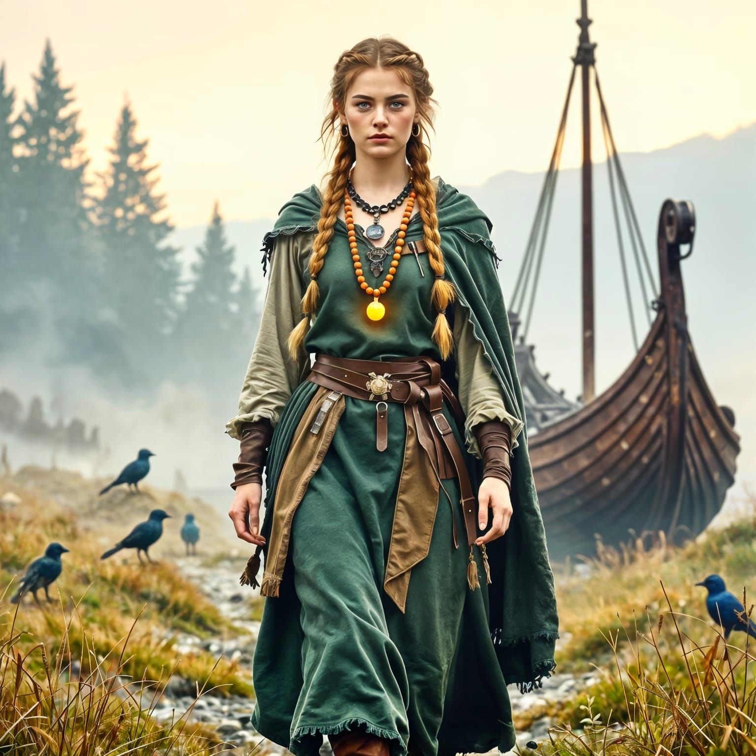 Viking Woman with Amber: Atmospheric Realism Portrait