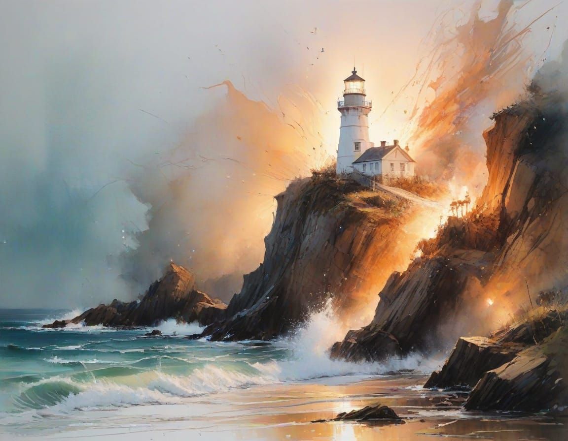 Coastal Lighthouse at Sunset in Watercolor Style