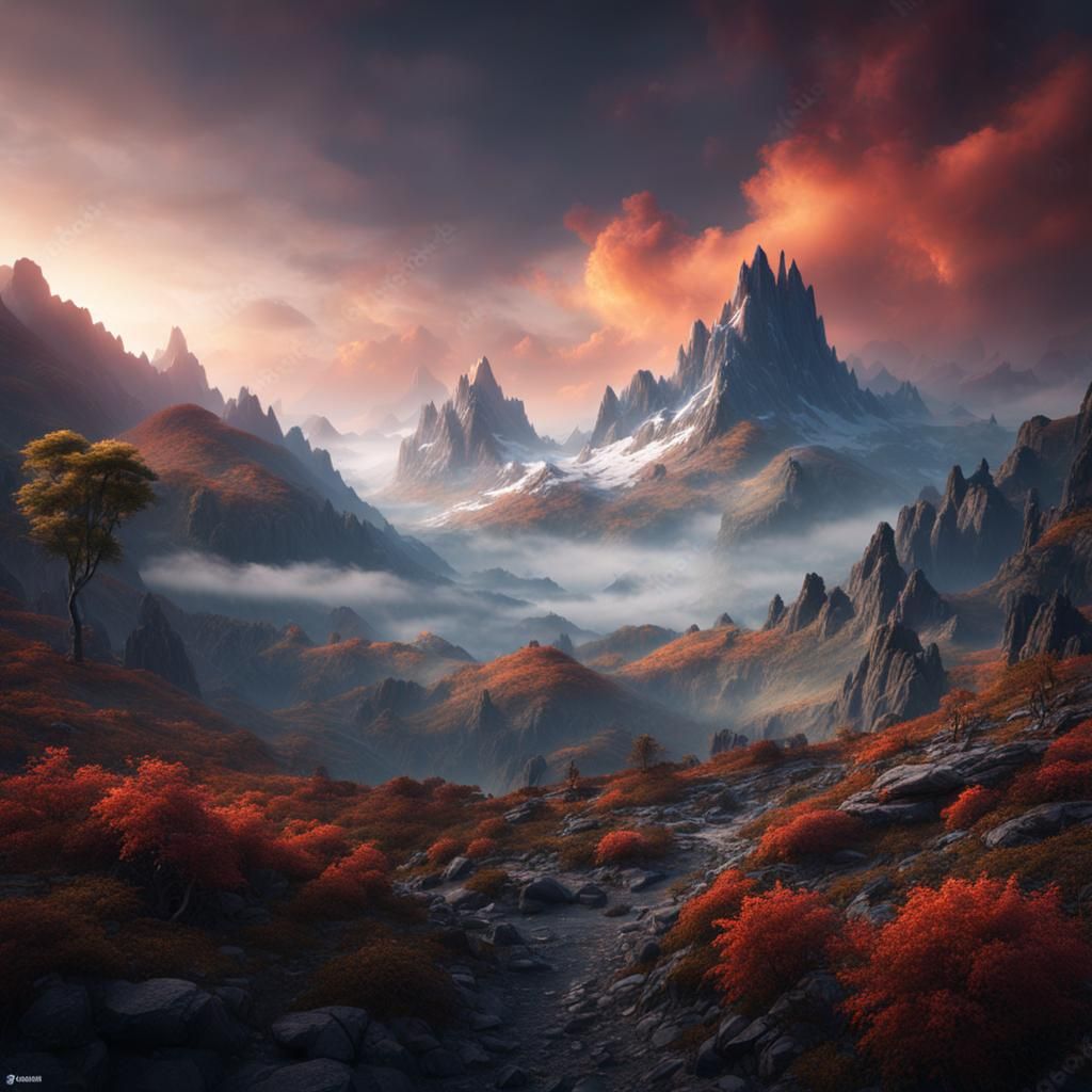 Misty Mountain Landscape in Detailed Matte Painting
