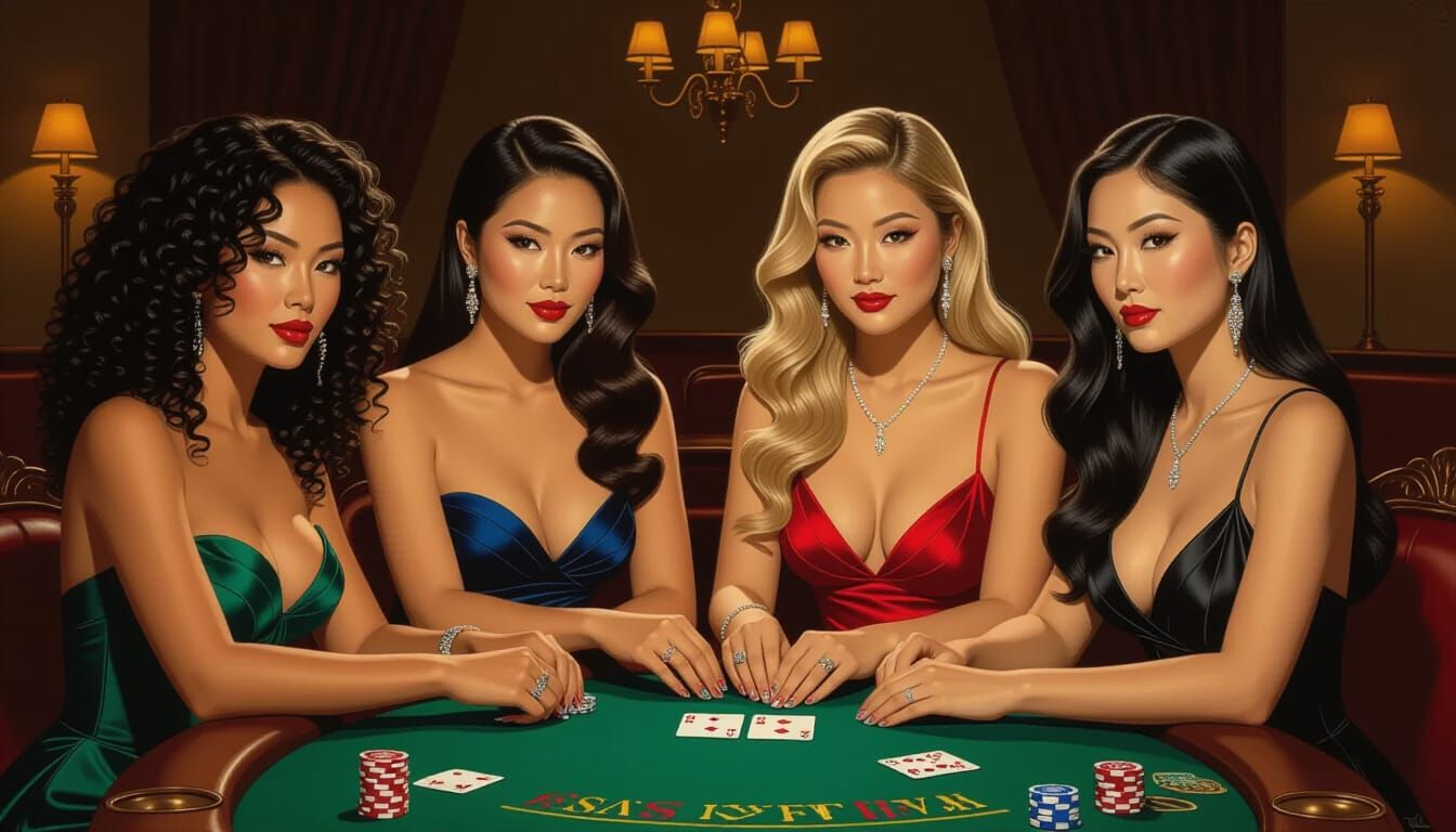 Elegant Women Play Poker in Hyperrealistic Style
