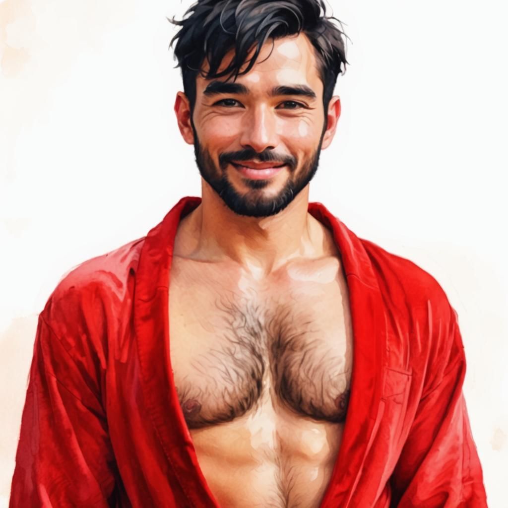 Joyous Bearded Man in Red Velvet Robe as Digital Art