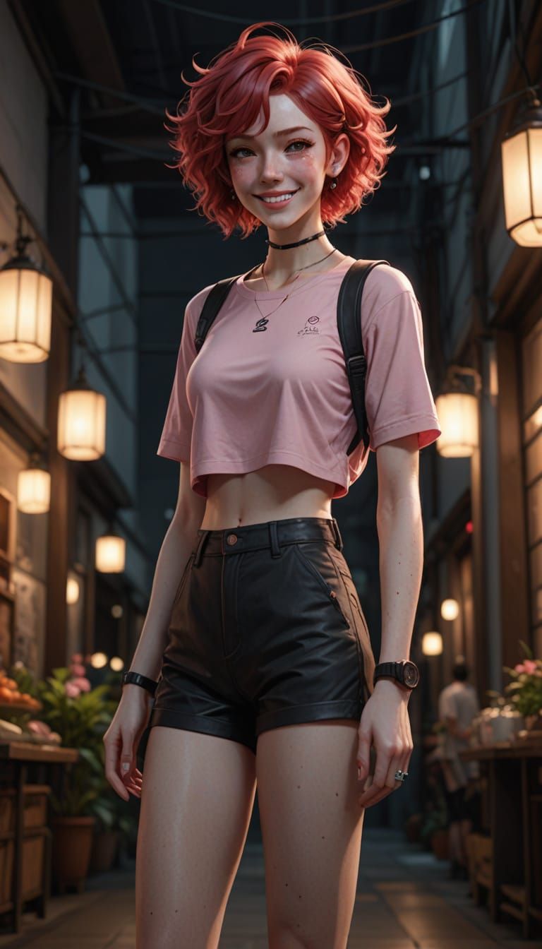 Crimson-Haired Woman in the Dark: 3D Anime Art