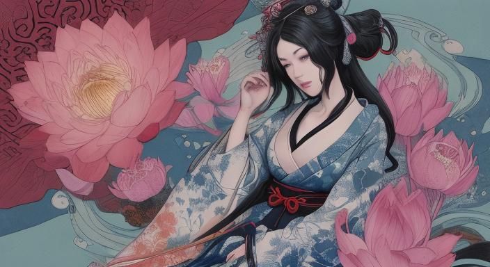 Hokusai Manga by Katsushika Hokusai classical kaidan yokai Japanese folklore deep depth 30 layers Rokurokubi vivid color...