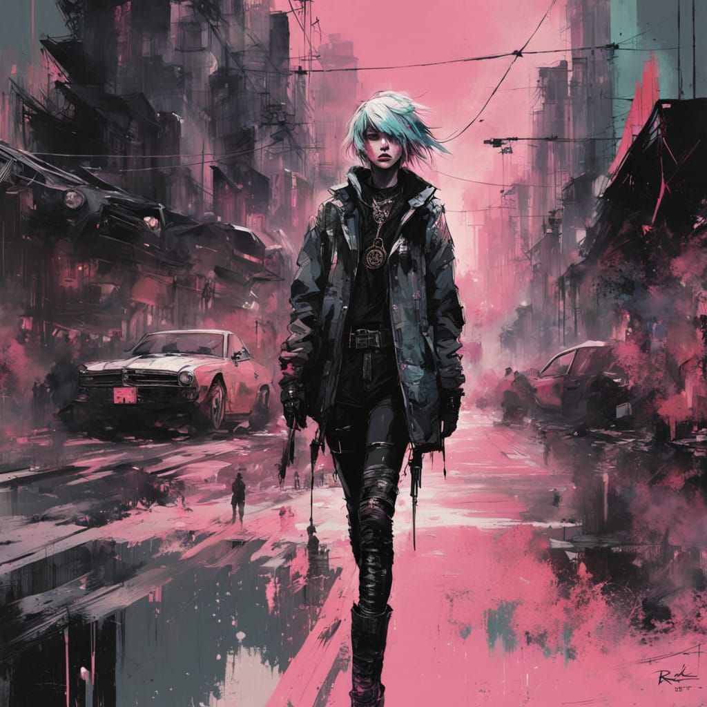 Confident Pastel Goth Rebel Girl Walks Amidst Urban Chaos in...