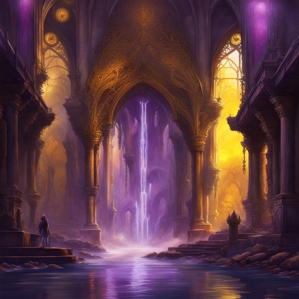 Dark Fantasy Watercolor Landscape in Art Nouveau Style