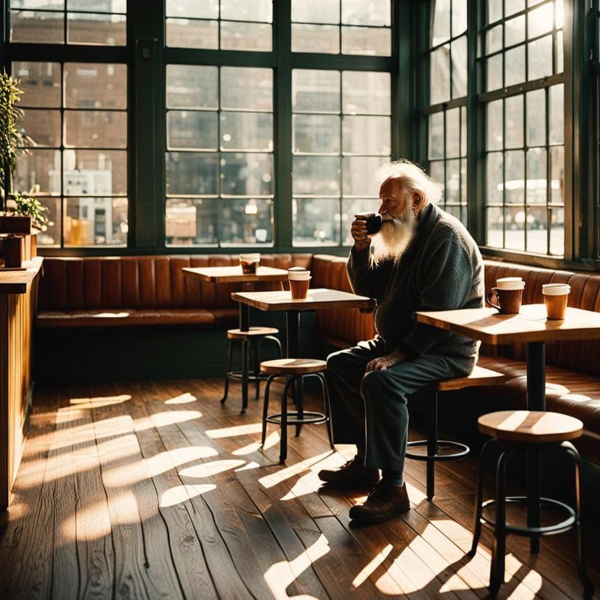 Sunlit Coffee Shop Scene with Old Man