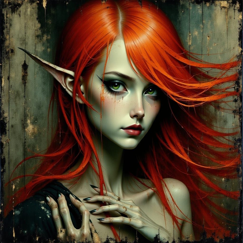 Elegant Elf with Crimson Hair in Digital Painting