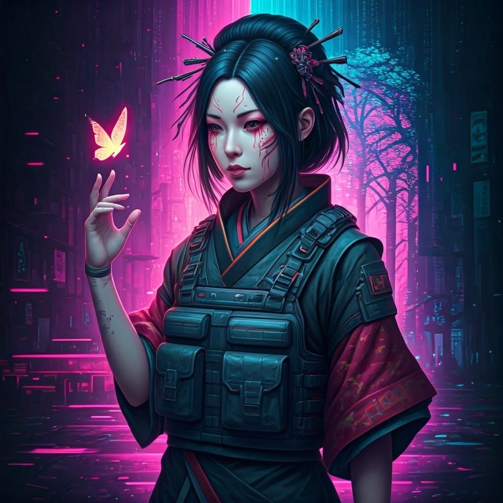 Cyberpunk Netrunner with Glowing Circuits and Geisha Makeup