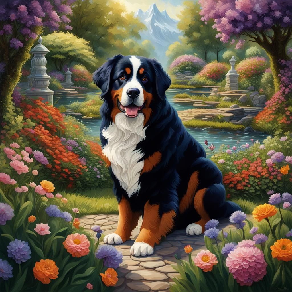 Enchanting Garden with Bernese Mountain Dog in Oil