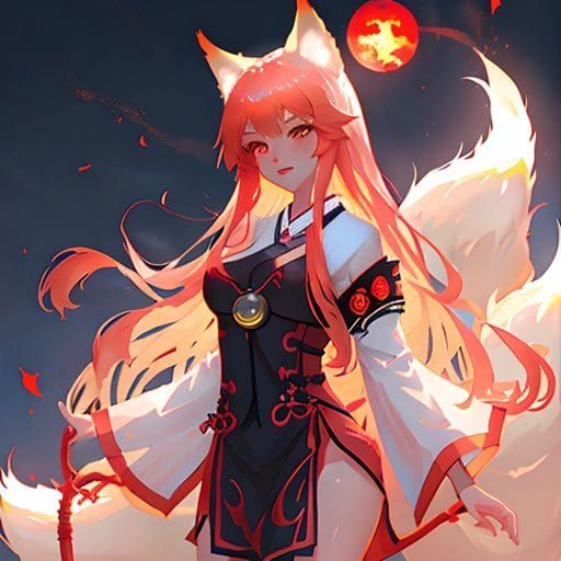 fluffy three tailed fox girl