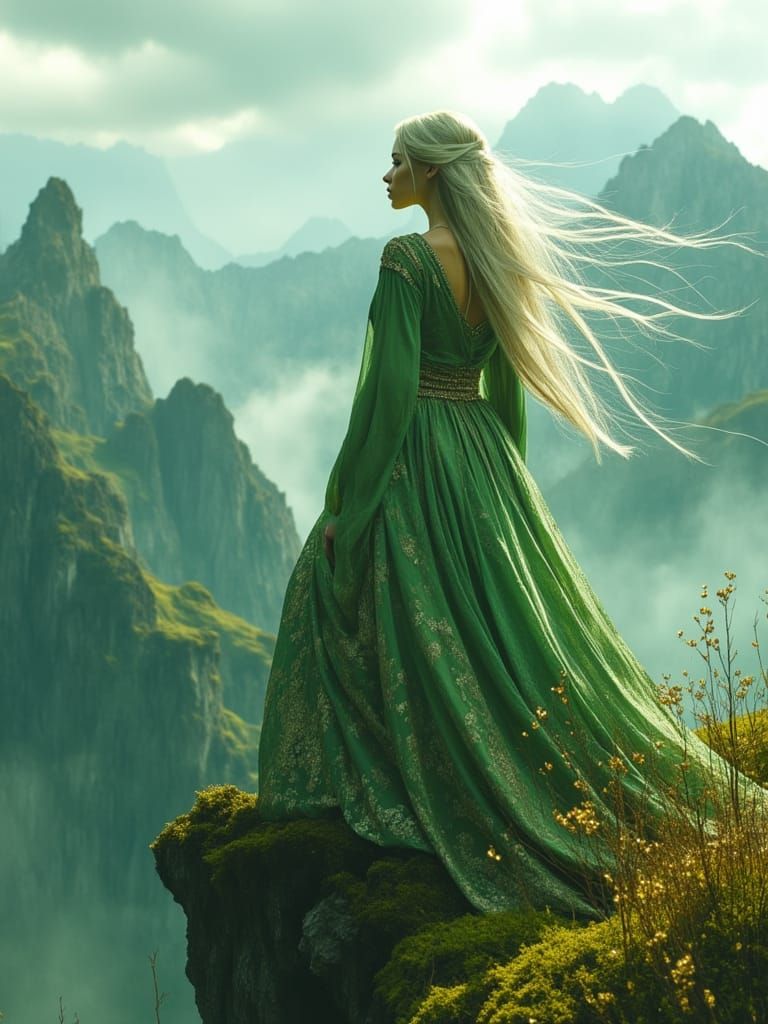 Majestic Elf Maiden Overlooking Misty Mountains at Dawn