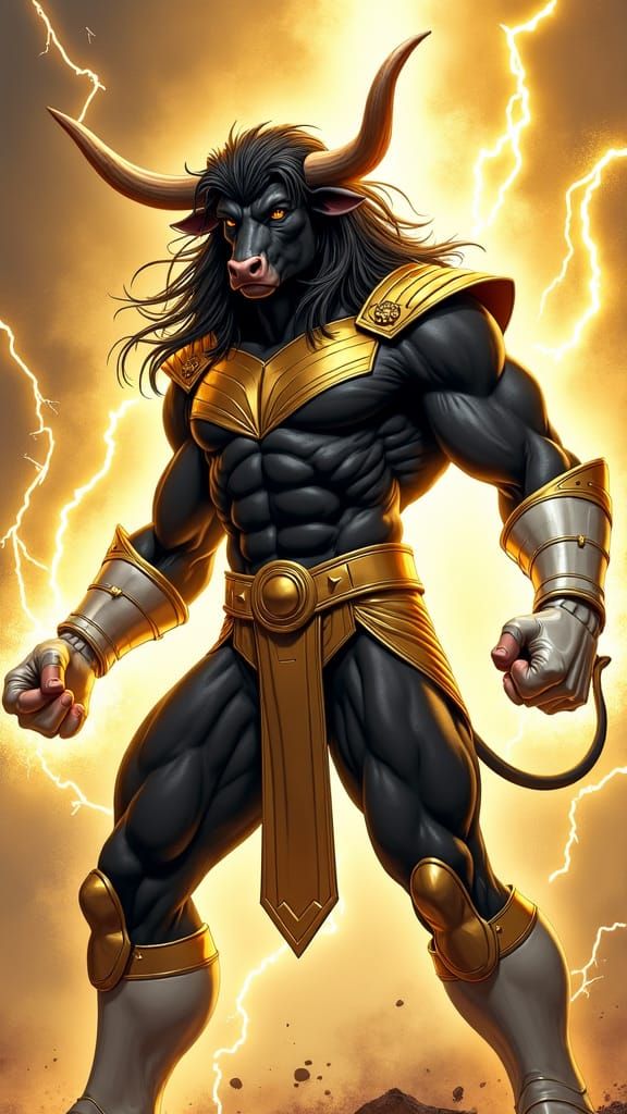 Muscular Bull Superhero in Gold Comic Book Style