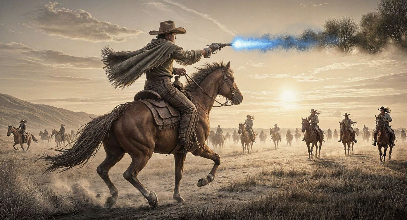 Cowboy Rides into Setting Sun on Prairie