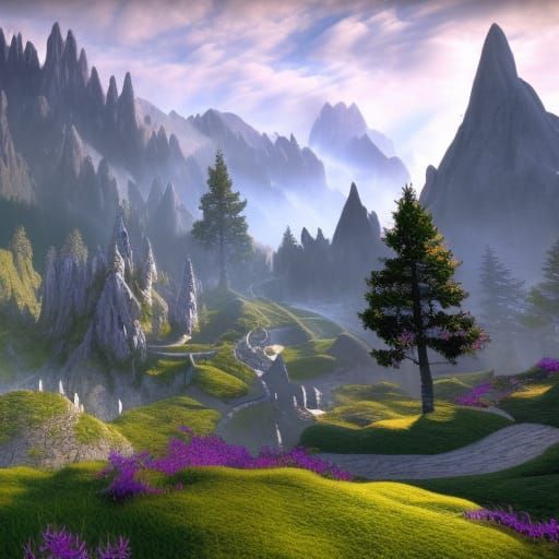 Elven Home in Mountain Landscape, Fantasy Art