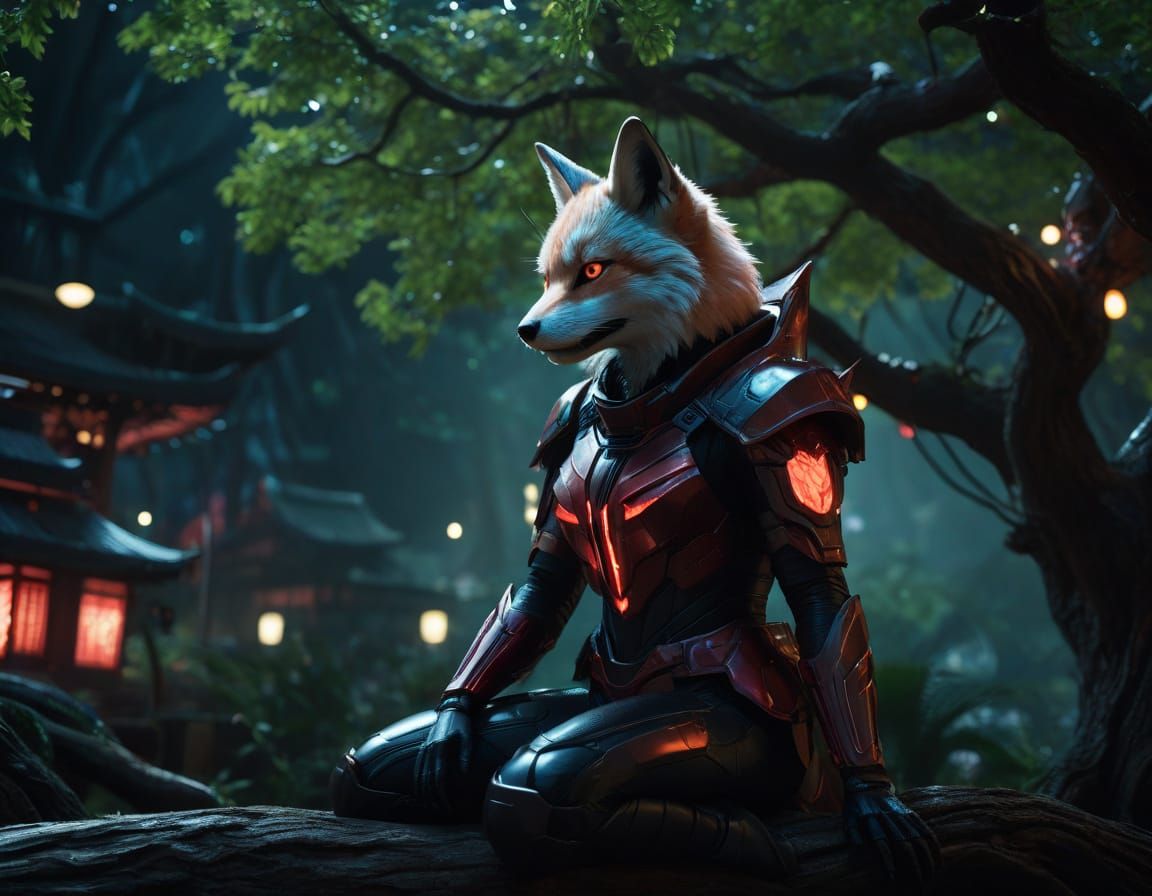 Futuristic Kitsune Under Magical Tree in Neon Glow