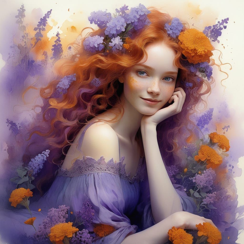 Ginger Haired Woman in Floral Surrealist Artwork