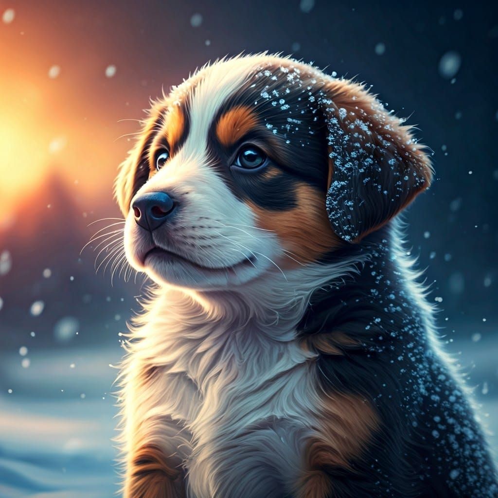 Snowy Puppy: Hyperrealistic Splash Art Portrait