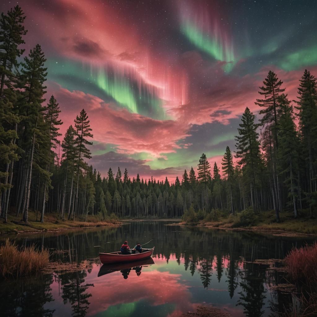 Red Northern Lights Reflect on Pond at Night