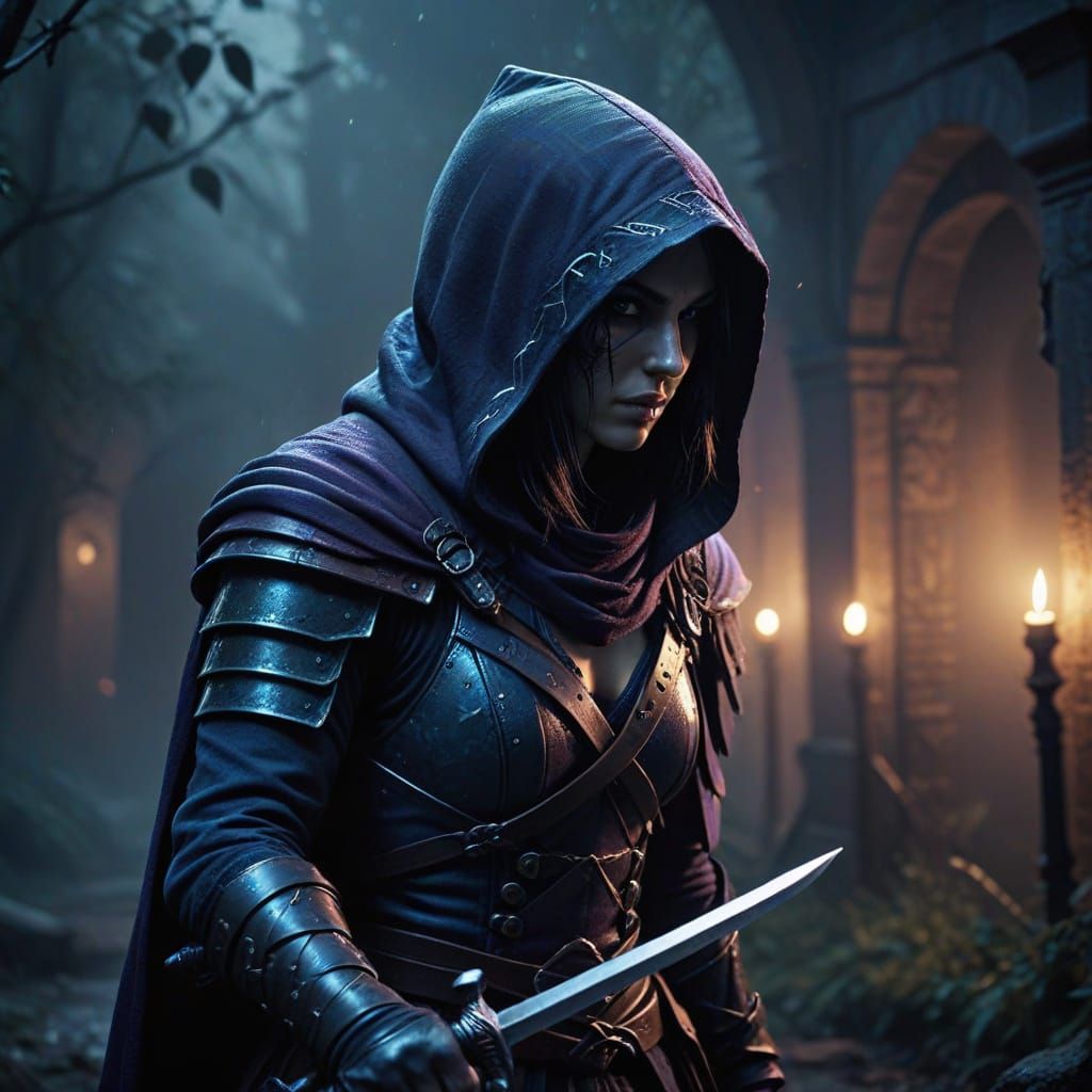 Dark Fantasy Rogue Assassin in Shadows