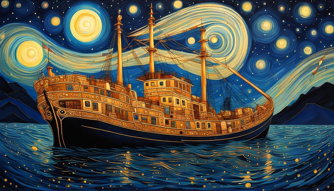 Ship Under Starry Night in Art Nouveau Style