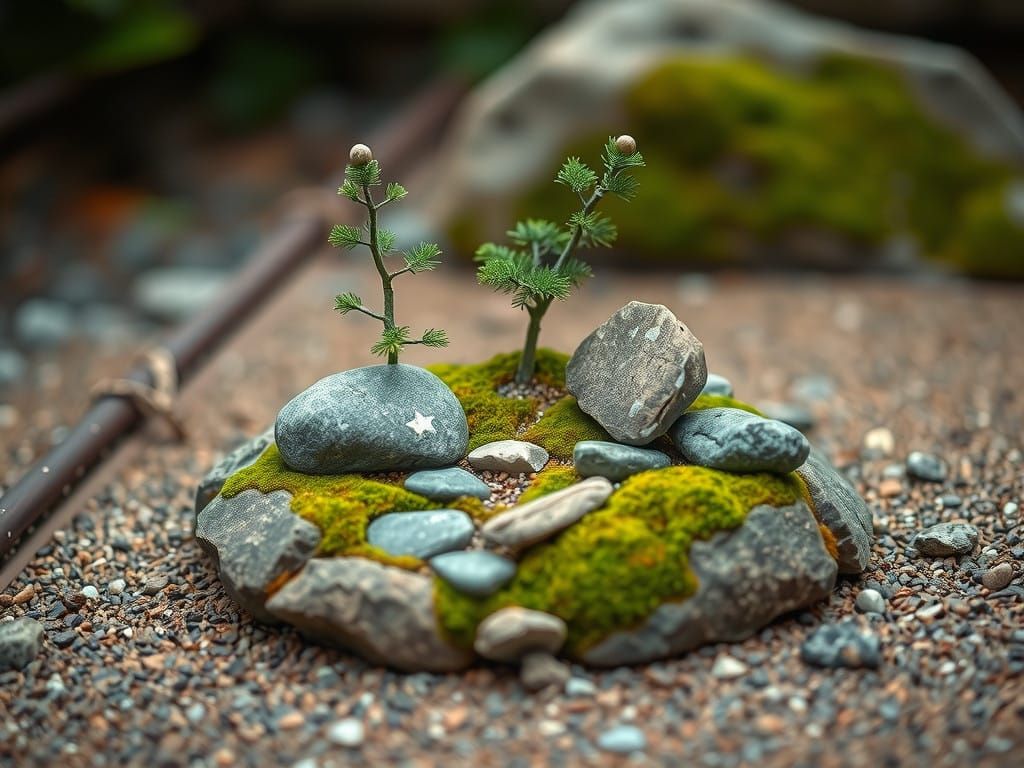 Serene Japanese Miniature Rock Garden in Impressionist Style