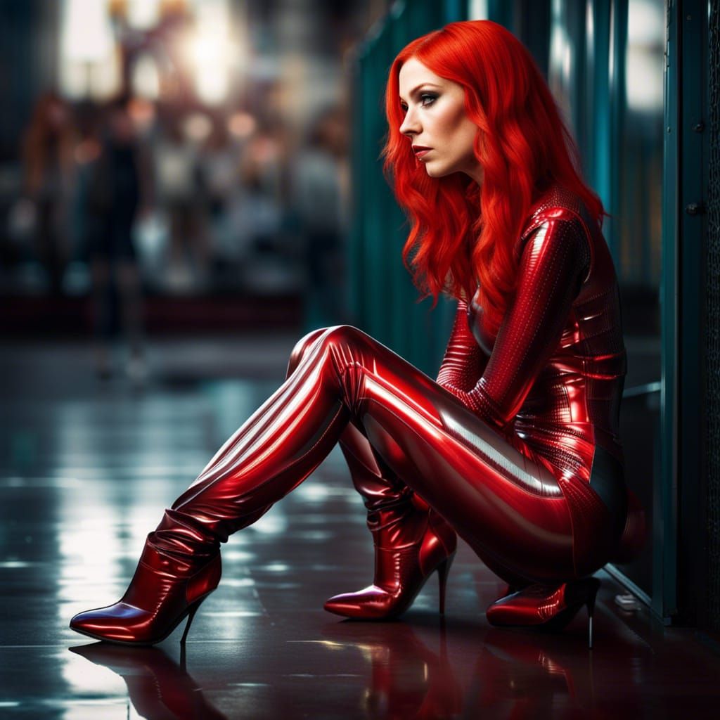 Woman with Red Hair in Latex Catsuit