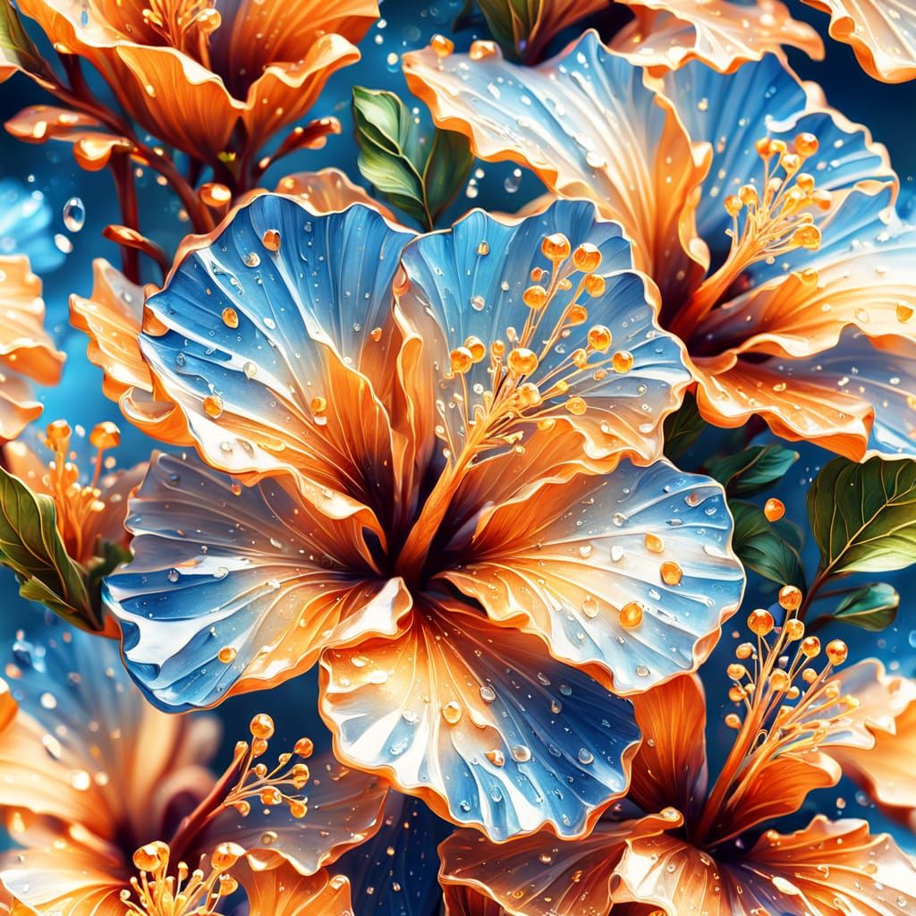 Crystal Hibiscus Flowers in Macro Oil Painting