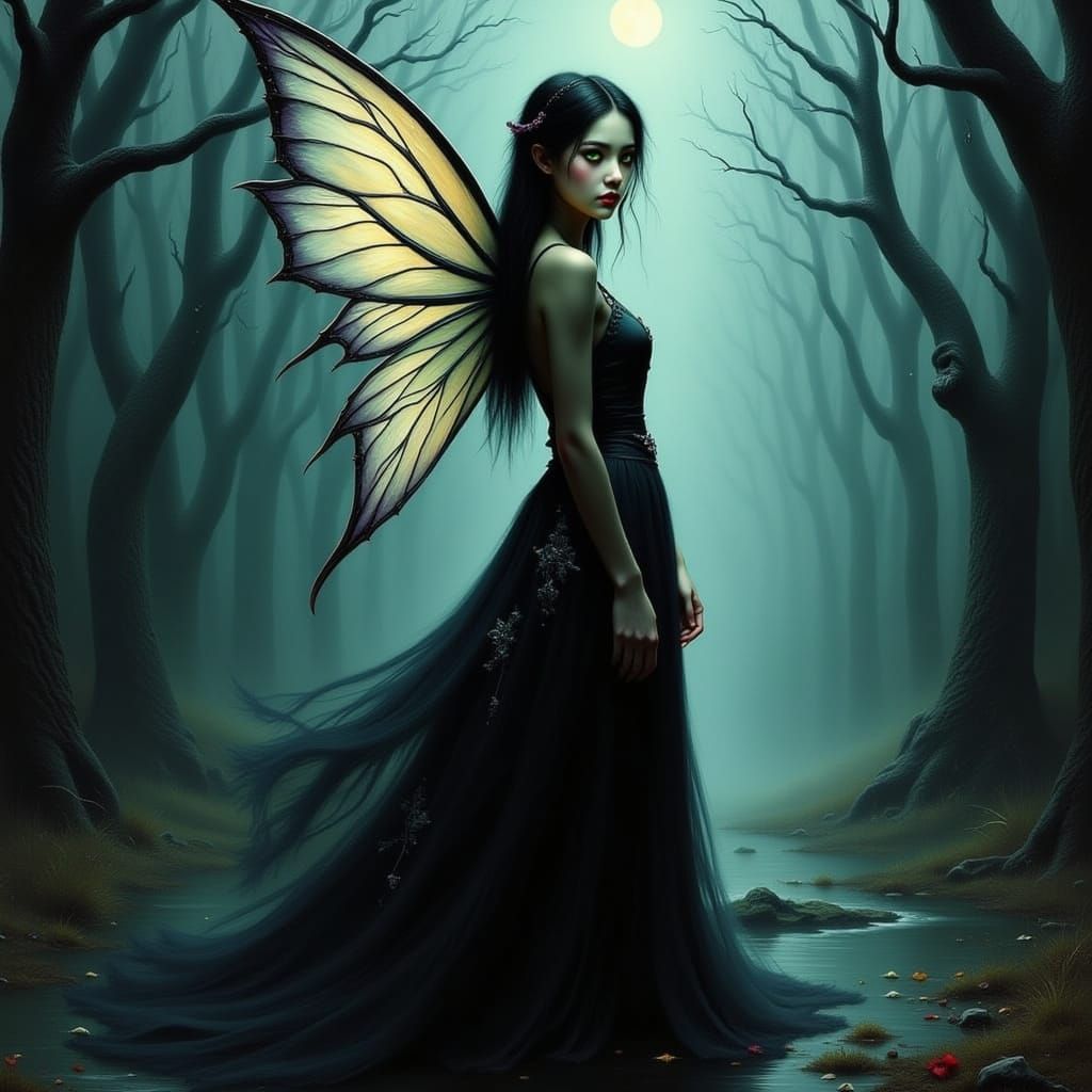 Dark Fairy Queen in Mysterious, Misty Forest