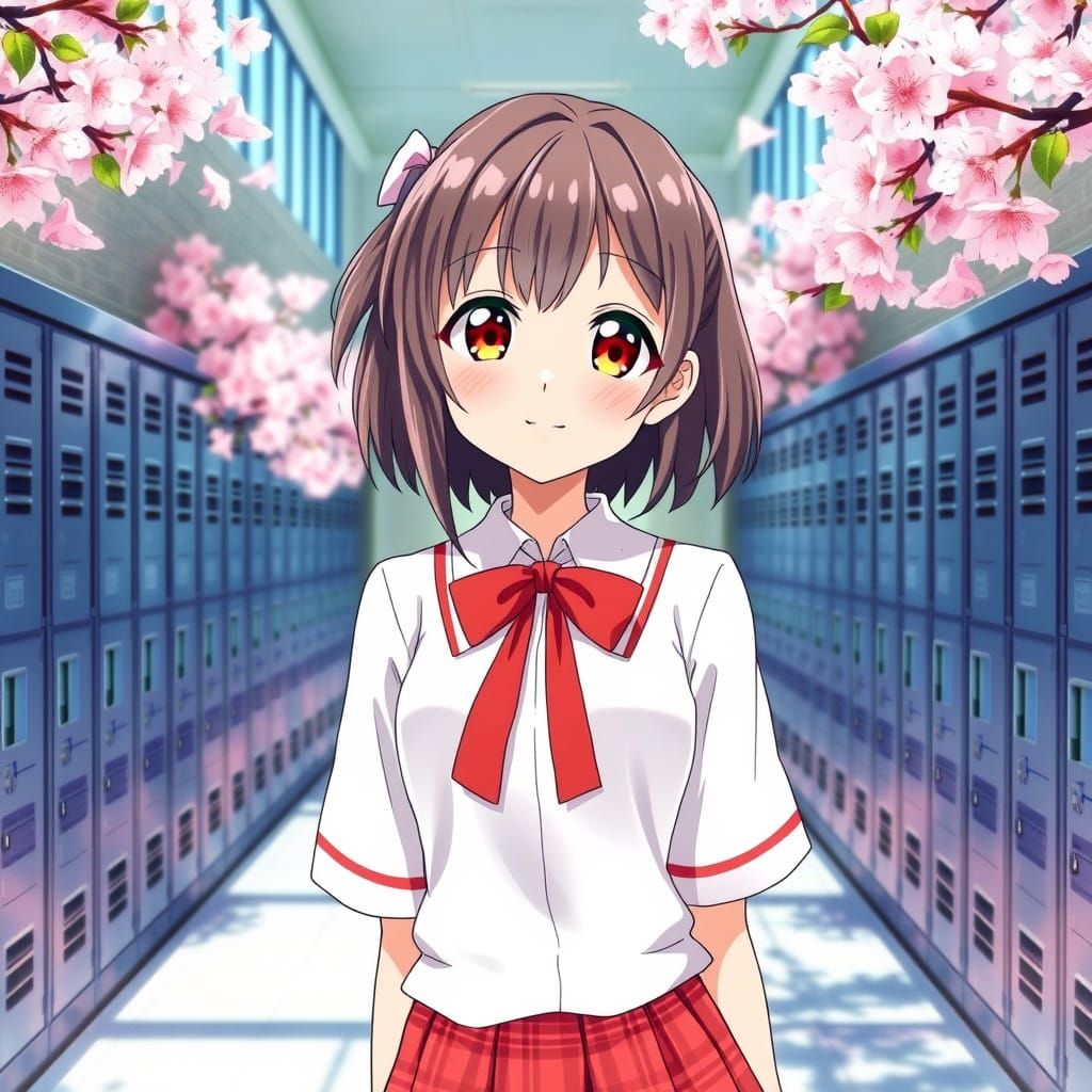 Charming Japanese Schoolgirl in Vibrant Cherry Blossom Halls