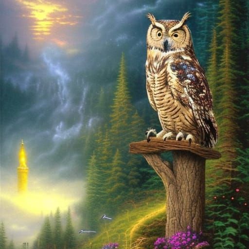 Ethereal Great Owl in Misty Fantasy Landscape