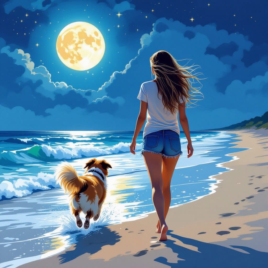 Moonlit Beach Walk with Dog in Hyperrealistic Style