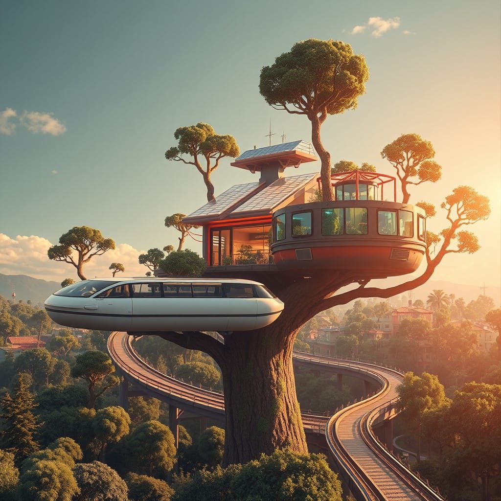 Sustainable Futurism: Solar Treehouse Suburb with Monorail C...