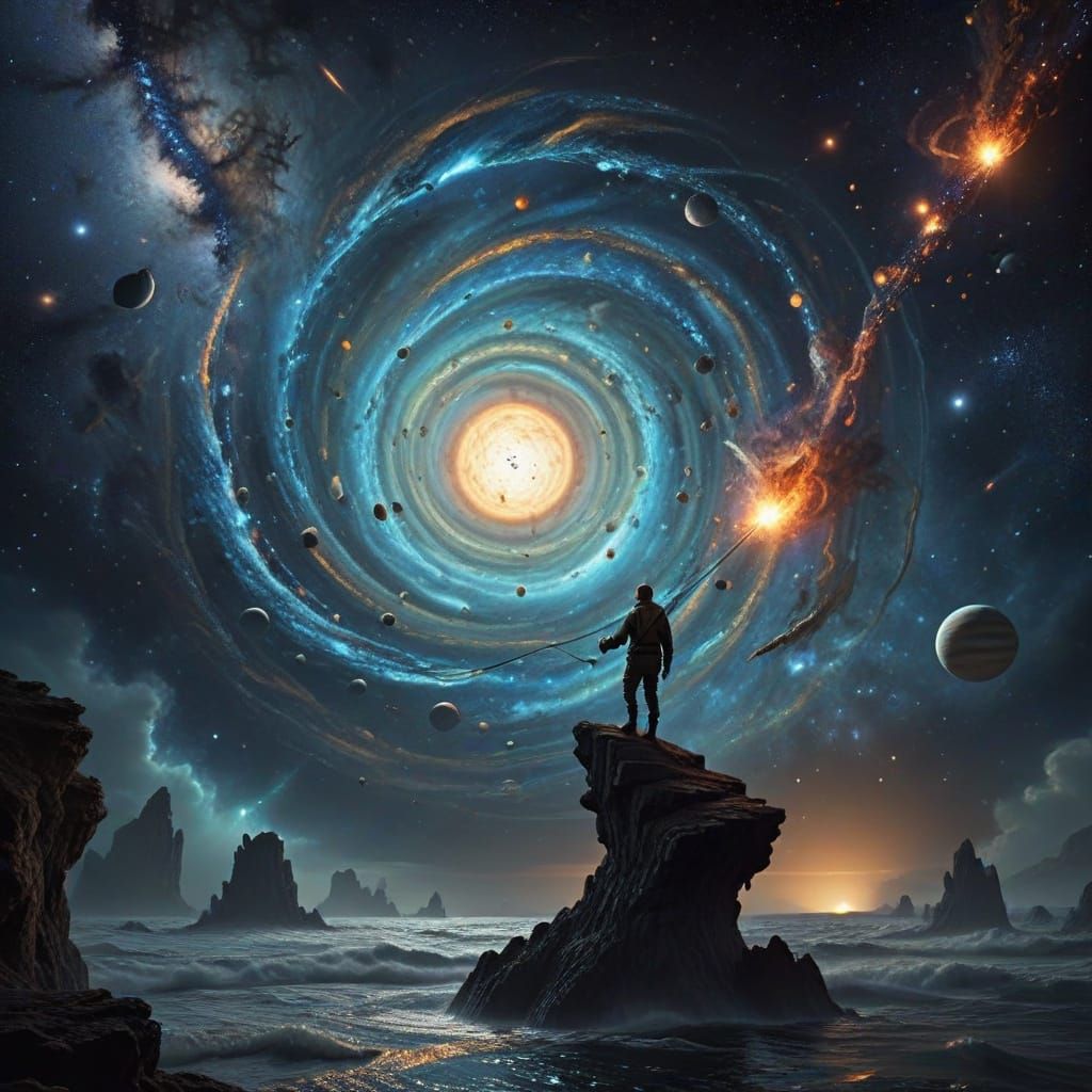 Surreal Fisherman Seeks Compliments from Gas Giant in Cosmic...