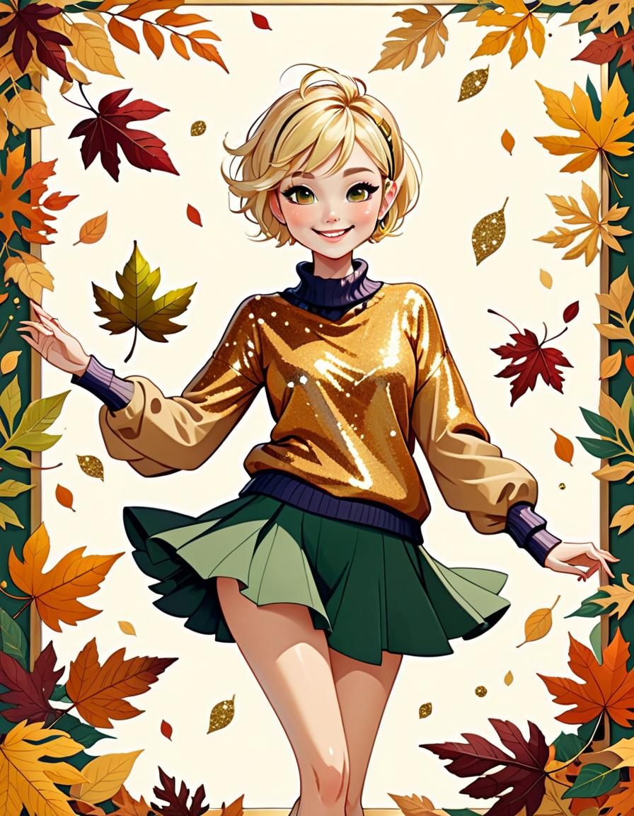 Dancing Blonde Girl in Abstract Fall Illustration
