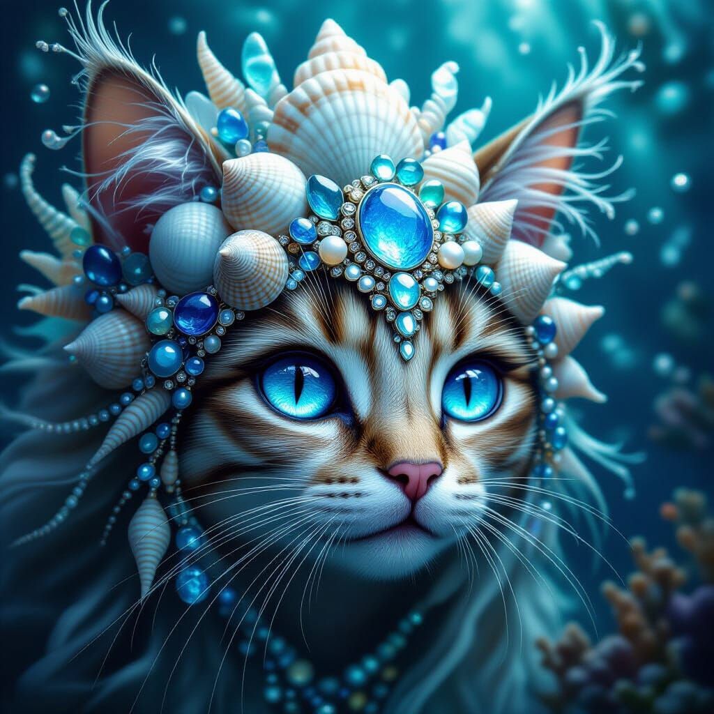 Fantastical Cat Fairy Head with Seashell Headdress