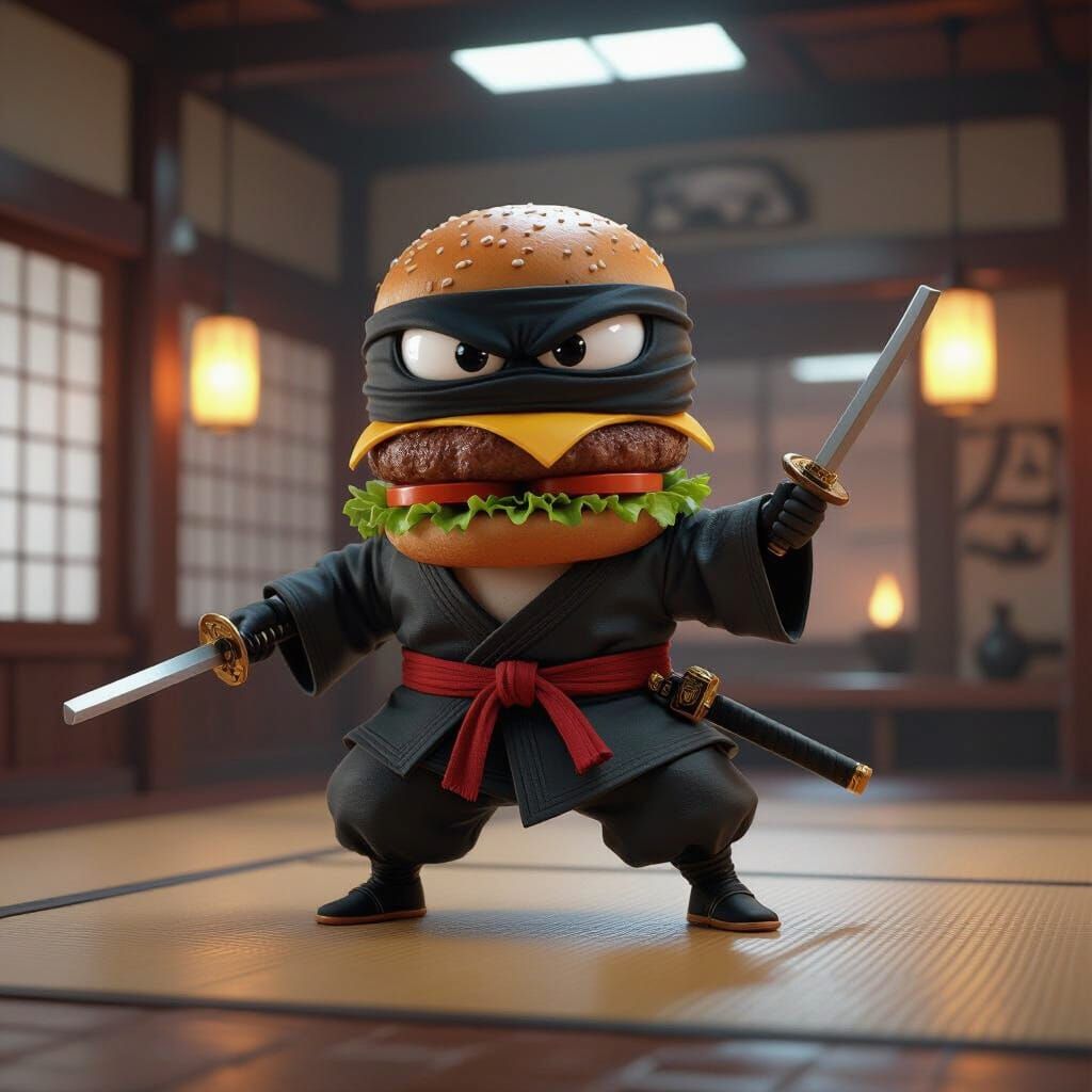 Hyperrealistic Burger Ninja at Japanese Dojo