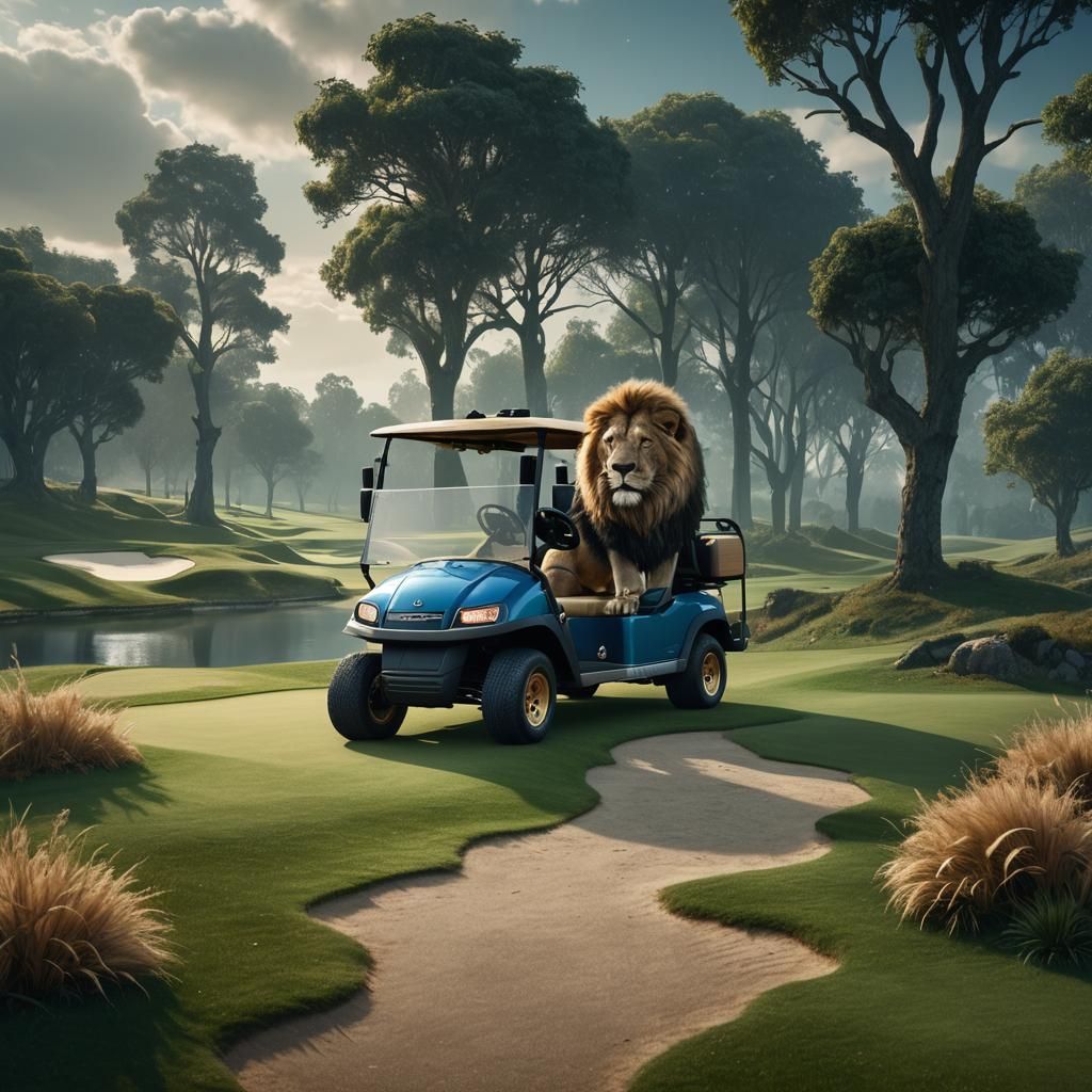 Lion on Surreal Golf Course in Fantasy Style