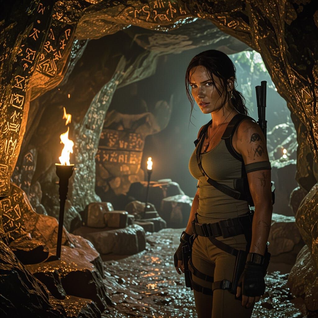 Lara Croft Discovers Ancient Caves: Cinematic Film Still
